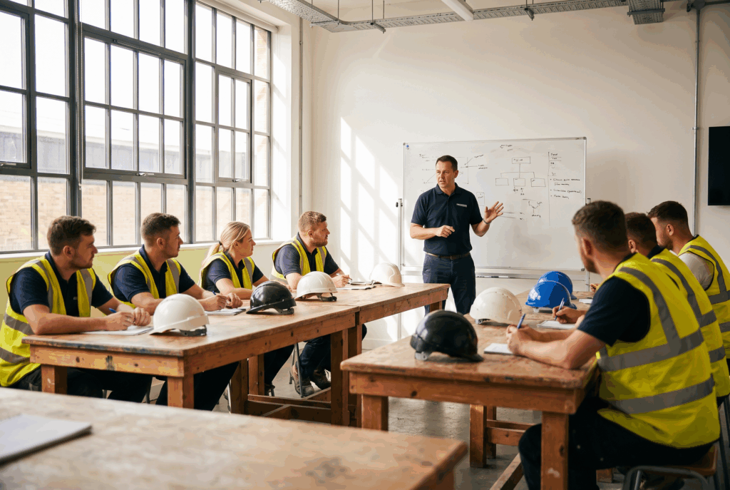 Construction workers in hi-vis vests seated in a CITB training classroom while a trainer explains at a whiteboard