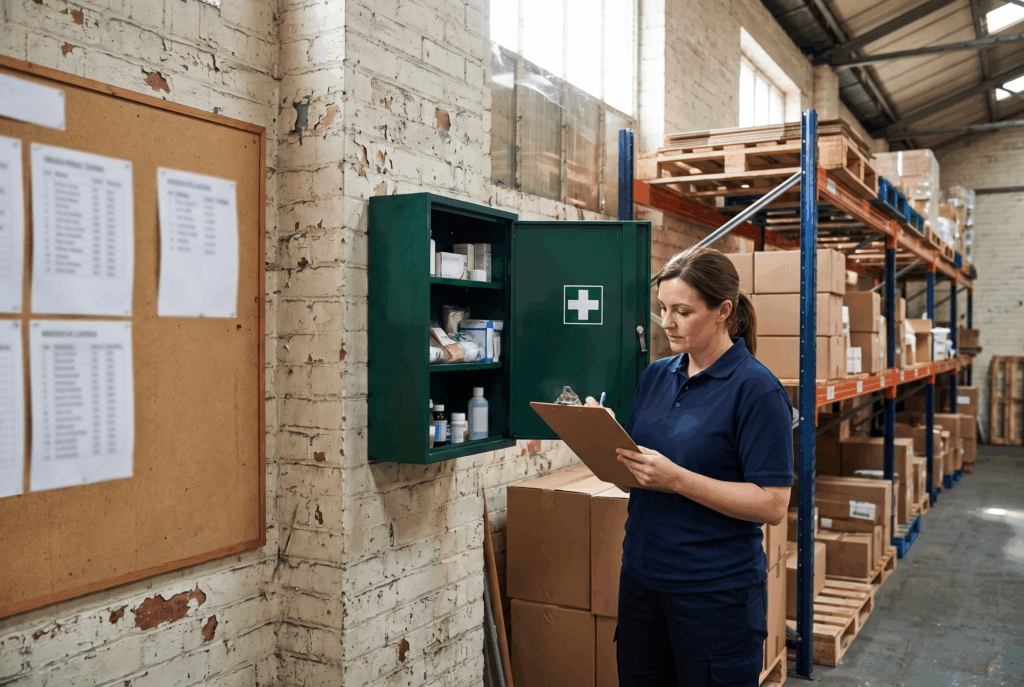 Warehouse first aider checking the contents of a green wall-mounted first aid cabinet against a checklist