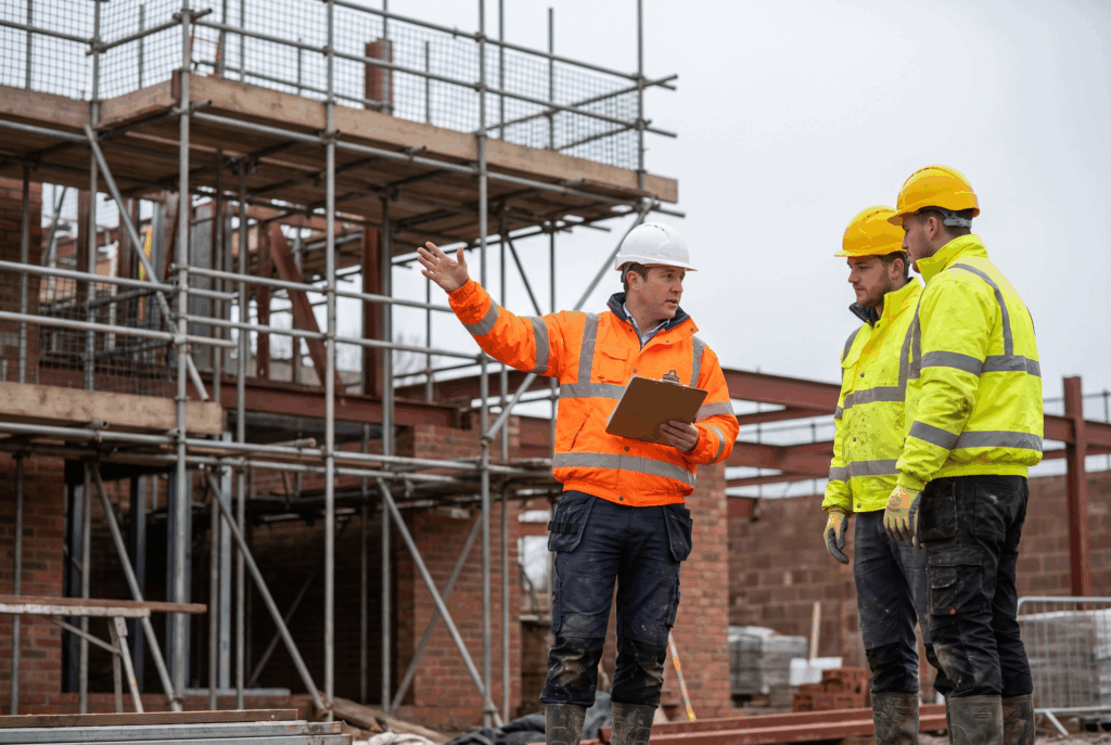 Site supervisor with a clipboard briefing two construction workers in front of scaffolding