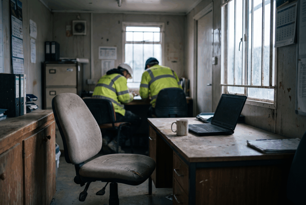 Empty chair at a desk in a construction site cabin office with colleagues working behind