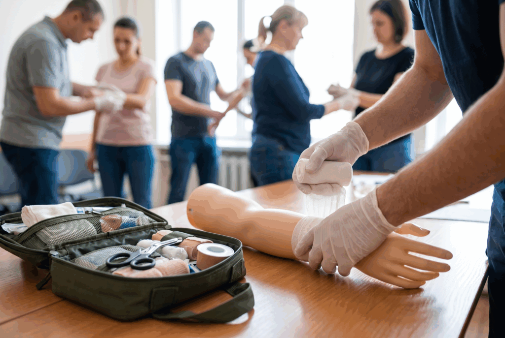 Hands applying a roller bandage on a first aid refresher course beside an open first aid kit