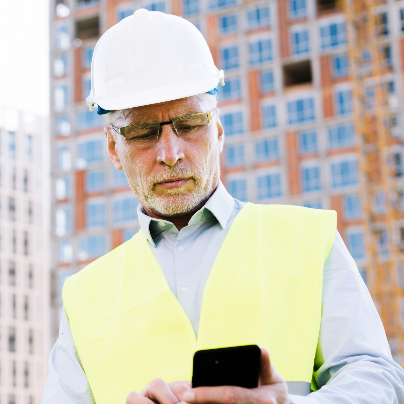 Photo of a man wearing a hard hat on a mobile phone