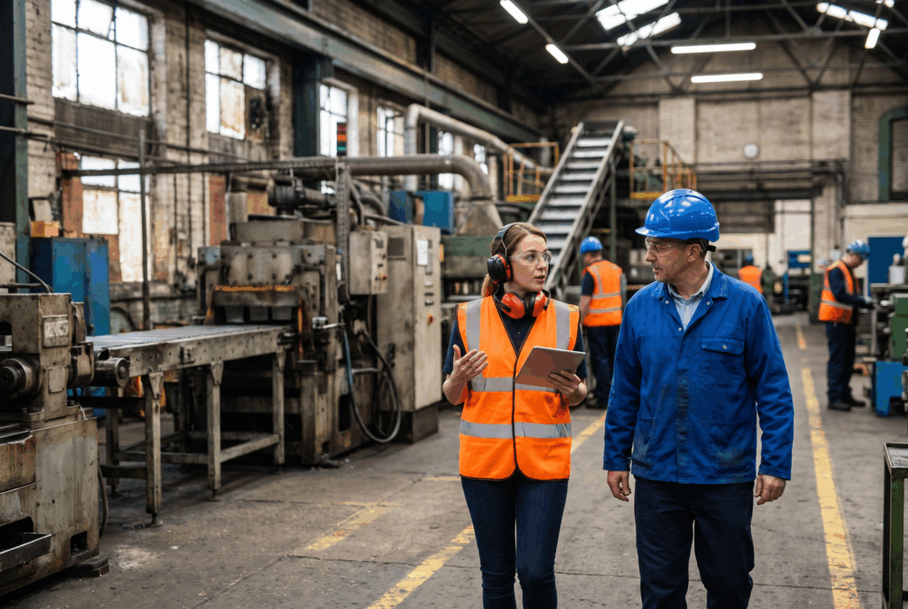 Health and safety consultant with a tablet walking a factory floor with a plant manager