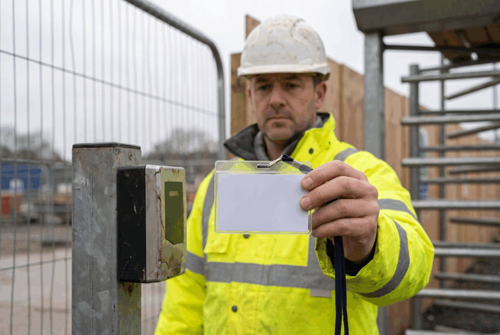 Site supervisor holding up a blank ID card at a construction site entrance turnstile