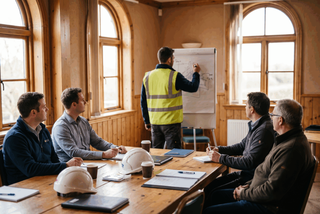 Construction supervisors around a table in a management training workshop with a flip chart
