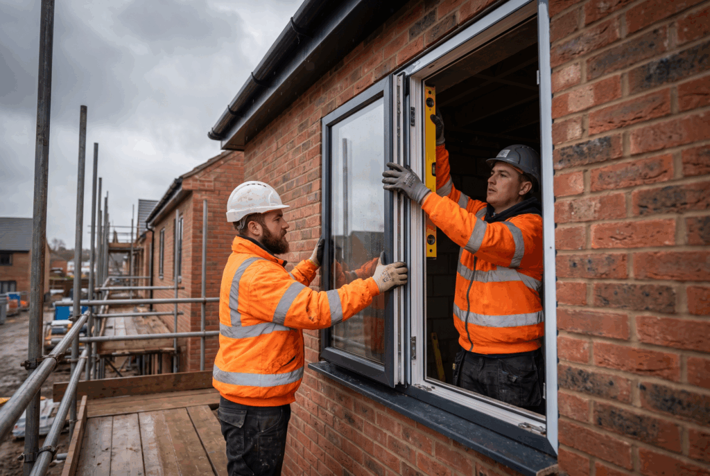 Two glaziers fitting a large double-glazed window unit into a new-build house