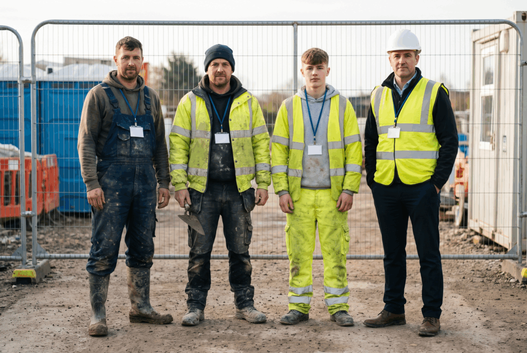 Four construction workers of different trades waiting to sign in at a site gate