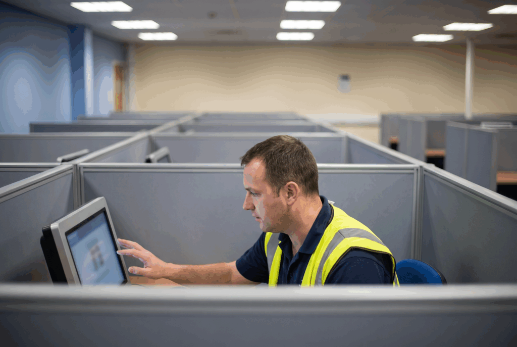 Construction worker taking a touchscreen test at a terminal in a test centre booth