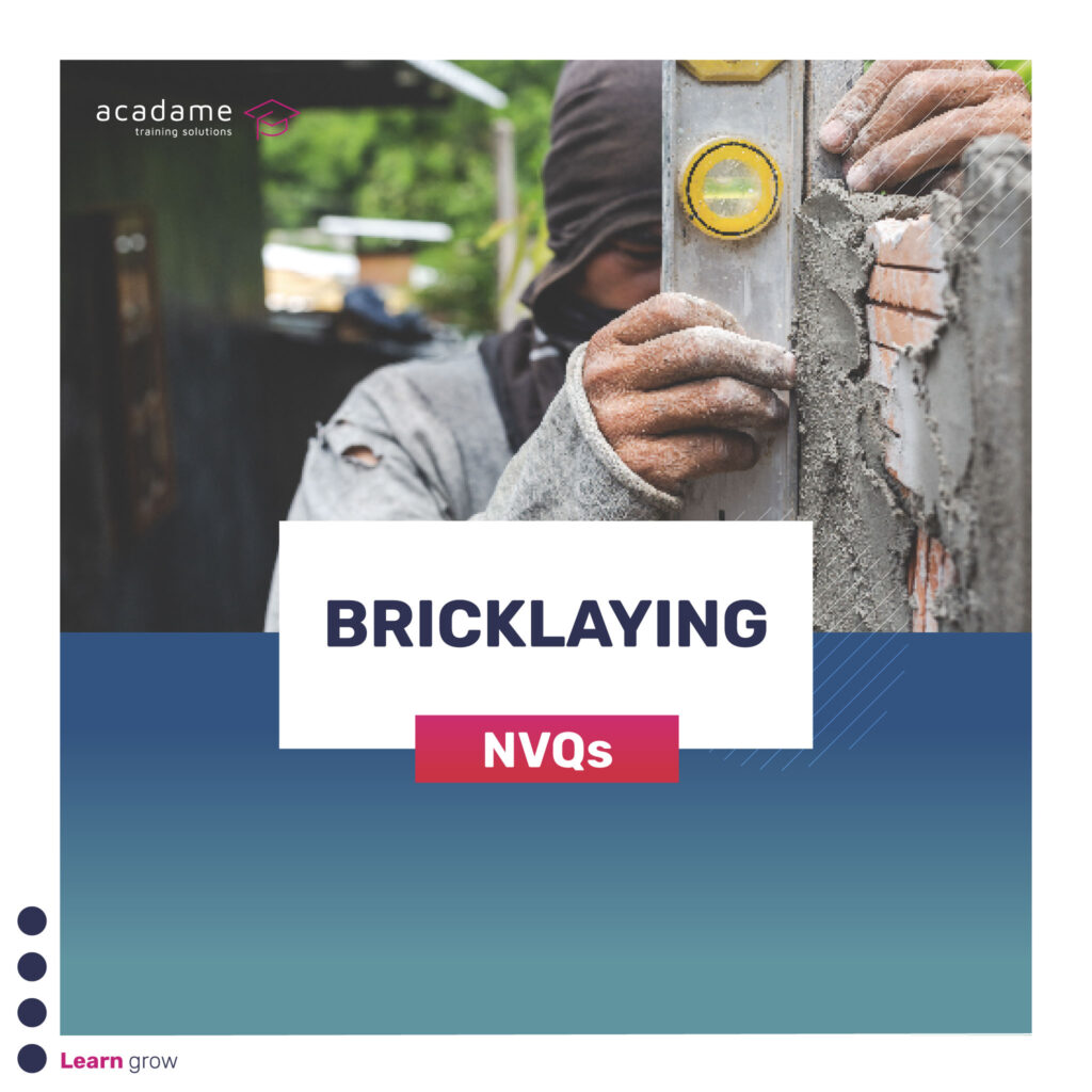 Photograph of a male worker using a spirit level against a wall with the text 'bricklaying nvqs' overlaid on the image.