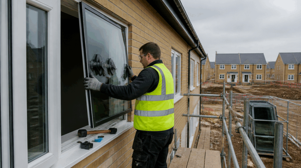 Glazier in a hi-vis vest and gloves lifting a double glazed unit into a white window frame with suction cups on a housing site, glazing beads and a rubber mallet on the sill