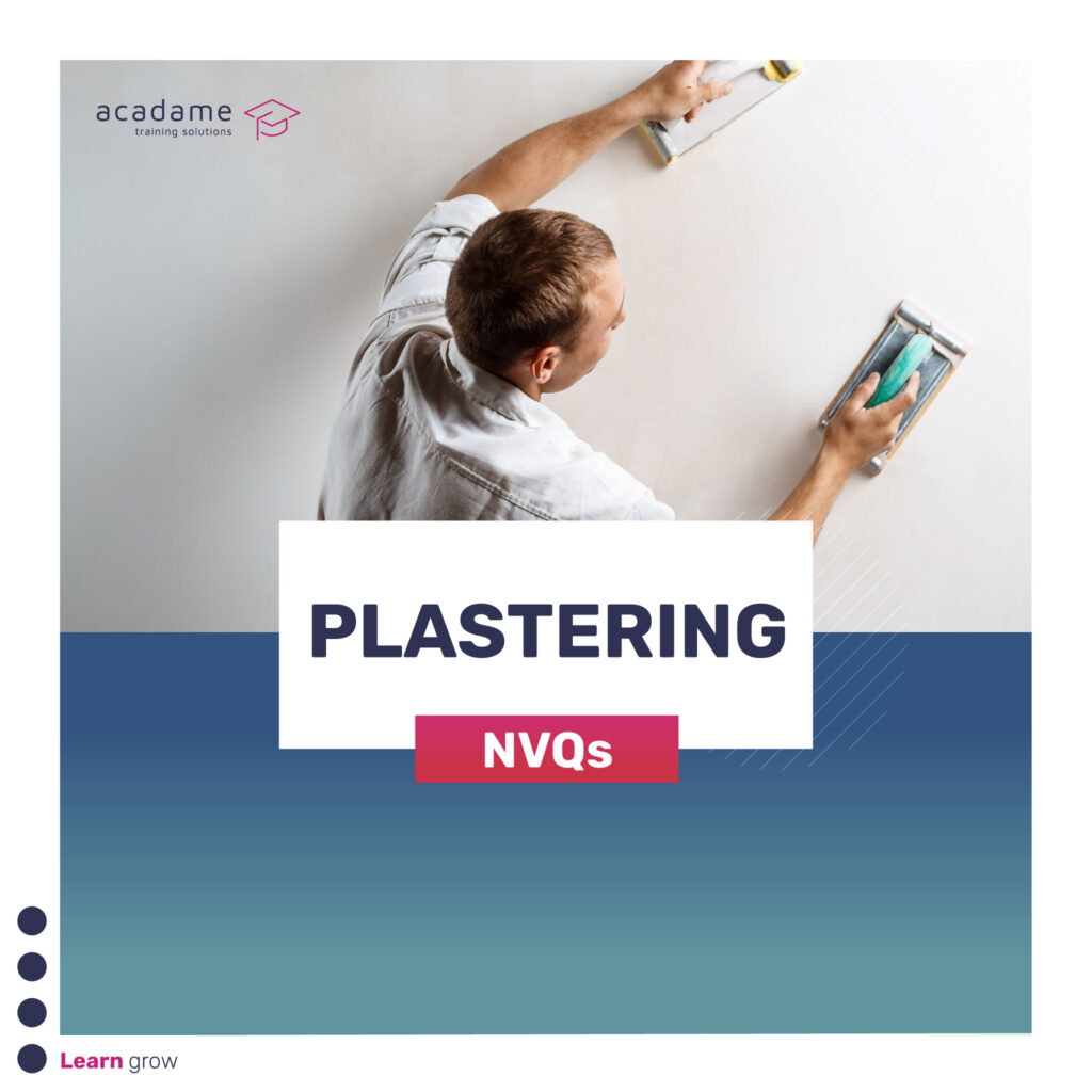 Photograph of a male worker using tools to plaster a wall with the words 'plastering NVQs' overlaid on the image