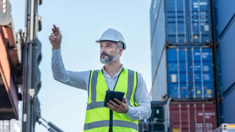 CEO or Manager in white helmet with tablet control loading Containers box in warehouse , manager
