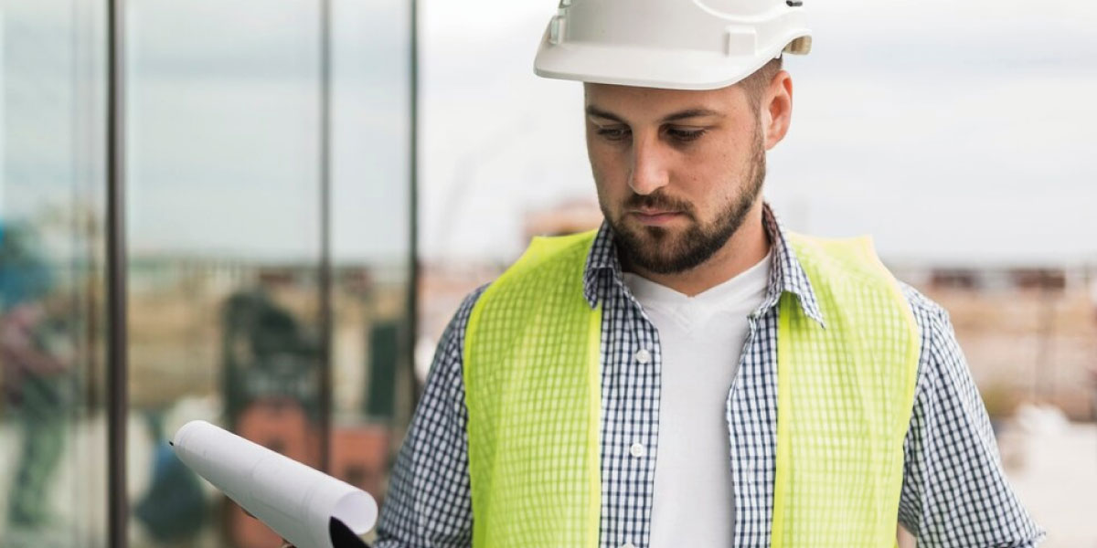 Photo of a worker wearing PPE looking at a clipboard