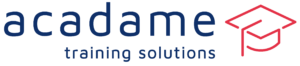 Transparent background with blue text spelling 'Acadame' followed by a hat symbol