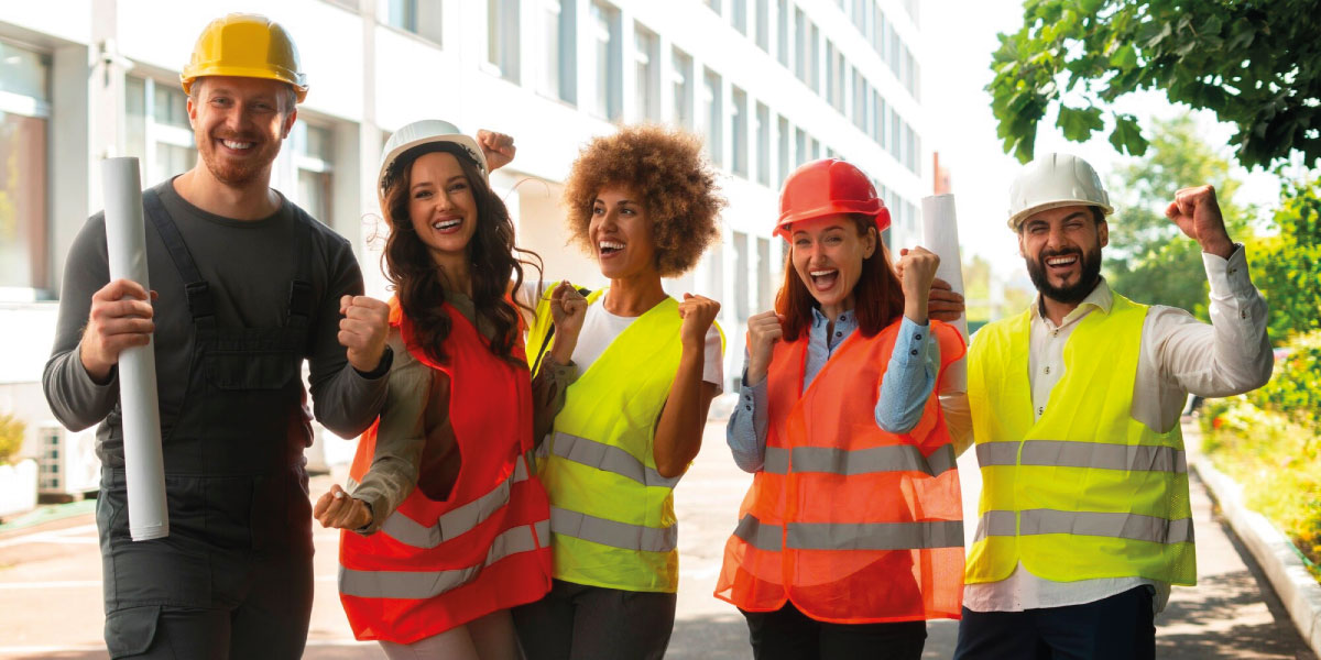 Photo of happy construction workers wearing PPE