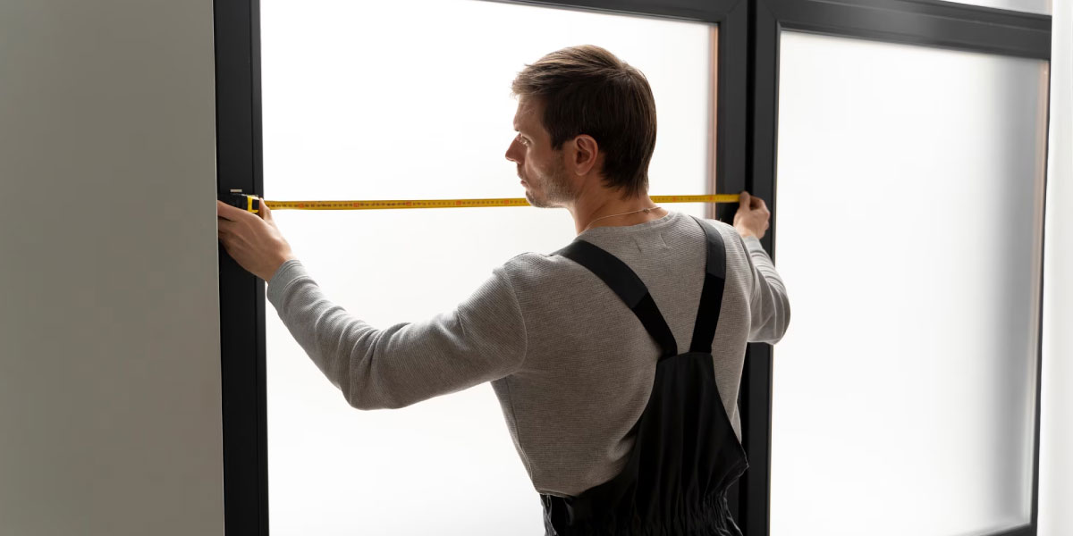 Photo of a construction worker measuring a window frame