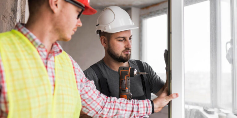 Photo of two construction workers working on a window