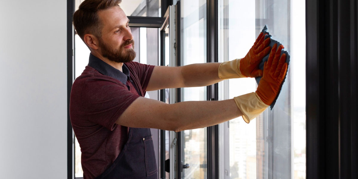 Photo of a worker cleaning glass