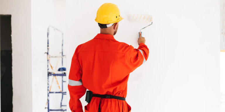 Photo of a construction worker painting a wall