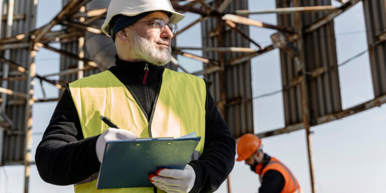 Photo of a construction worker writing on a checklist