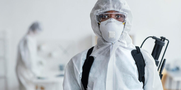 Photo of a worker wearing full PPE