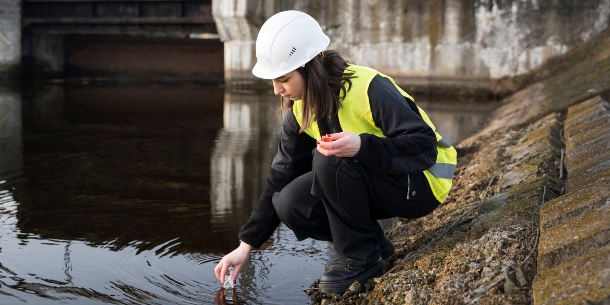 Photo of a worker checking the water in a stream