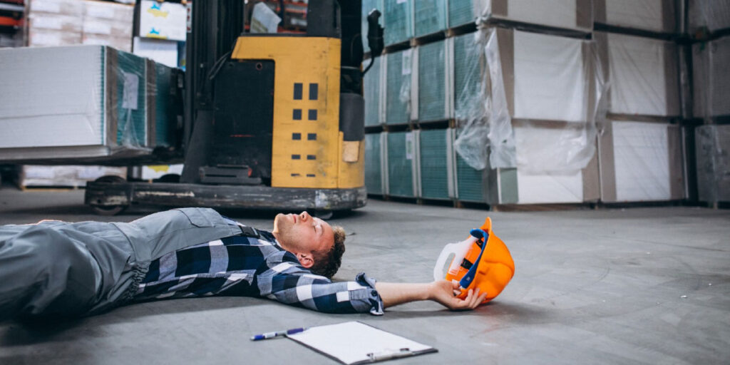 Photo of a construction worker lay on the floor with a hard hat in hand