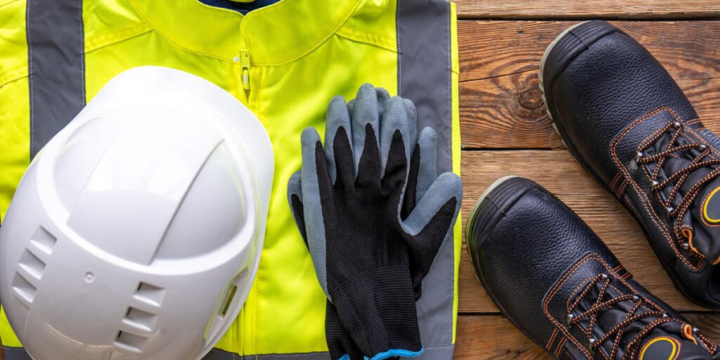 Photo of PPE including hard hat, high vis, gloves, and work boots