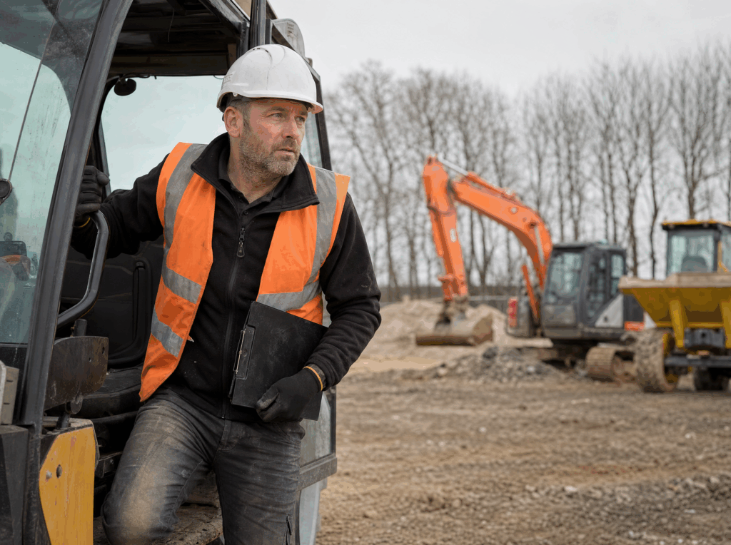 Plant operator in a hi-vis vest and hard hat stepping down from a telehandler cab on a UK construction site, with a 360 excavator and a site dumper behind him