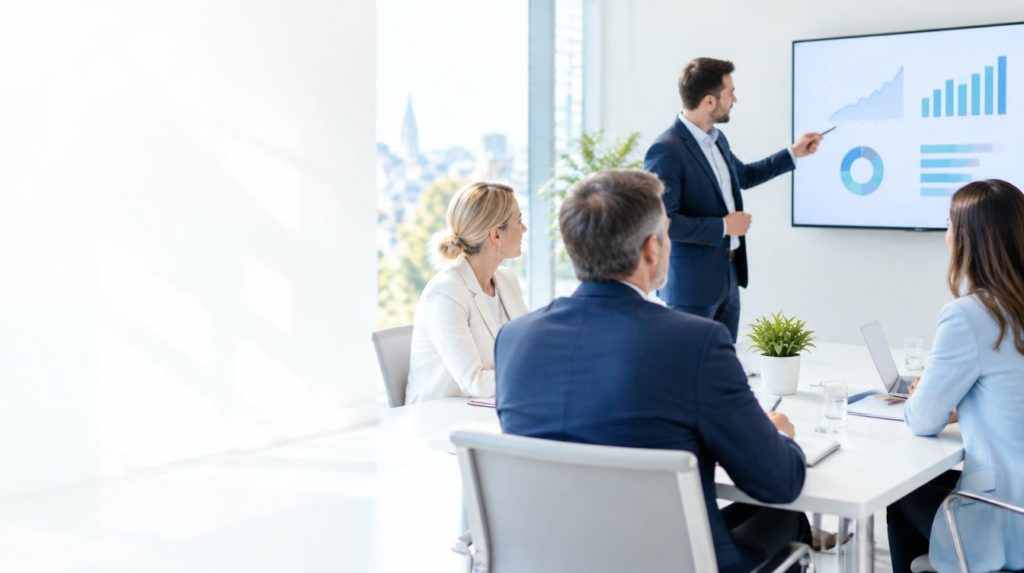 Executives reviewing safety performance during IOSH Leading Safely training