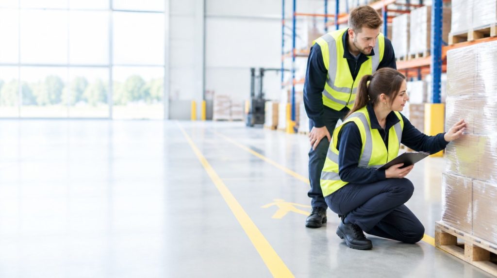 Warehouse operatives working beside a marked walkway during IOSH Working Safely training