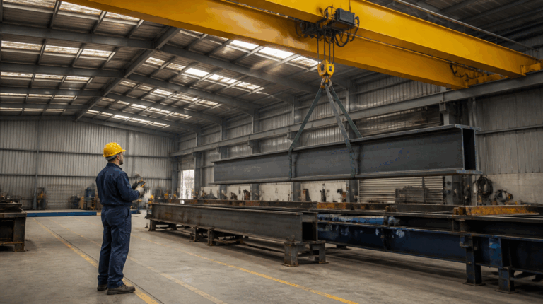 Operator using a radio remote control on a workshop floor while an overhead travelling crane lifts a fabricated steel beam on webbing slings