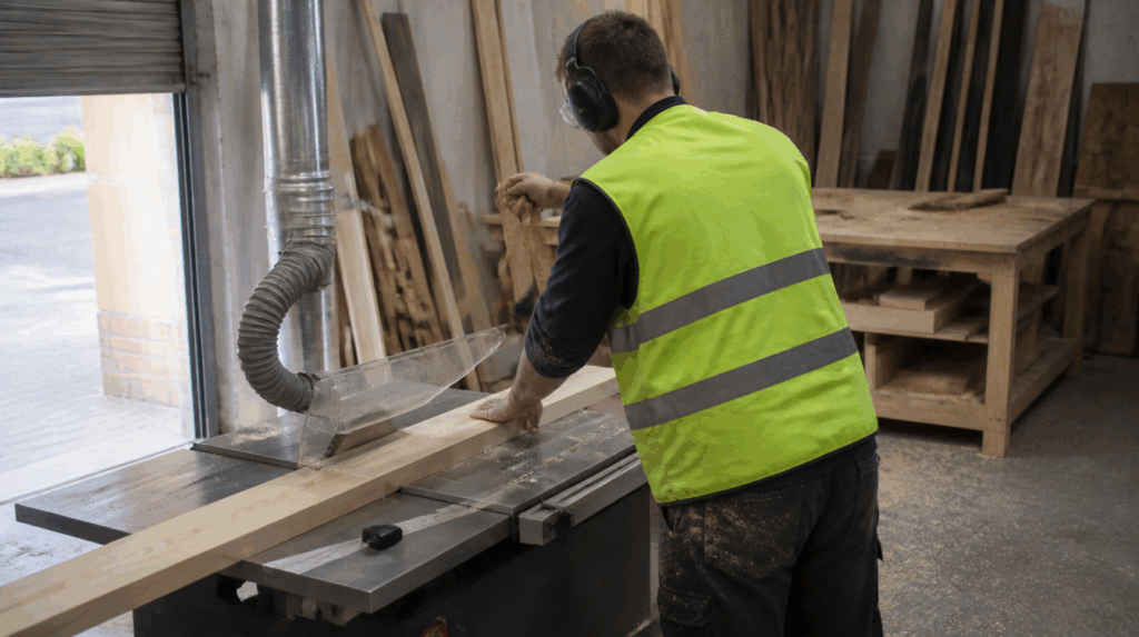 Carpenter ripping softwood on a circular saw bench with the top guard set down, riving knife in place and a push stick guiding the end of the cut