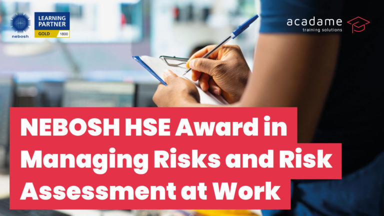 Person completing a workplace risk assessment on a clipboard with NEBOSH Gold Learning Partner branding for the NEBOSH HSE Award in Managing Risks and Risk Assessment at Work