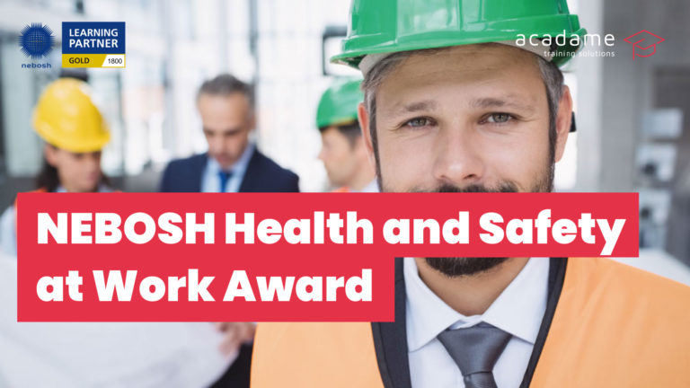 NEBOSH Health and Safety at Work Award course banner showing a supervisor in PPE with the NEBOSH Gold Learning Partner logo