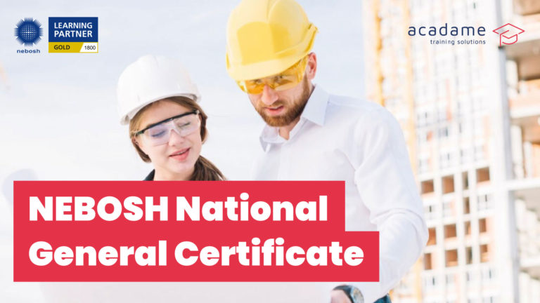 NEBOSH National General Certificate featured image showing two construction professionals in PPE on site with NEBOSH Gold Learning Partner and Acadame branding