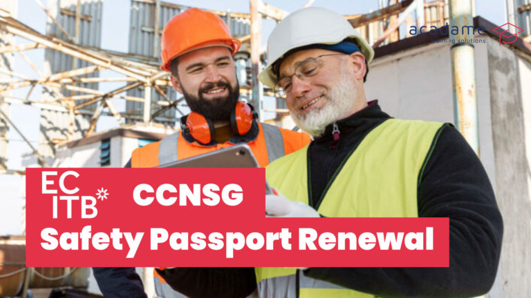 Two site workers in PPE reviewing a tablet for ECITB CCNSG Safety Passport renewal training