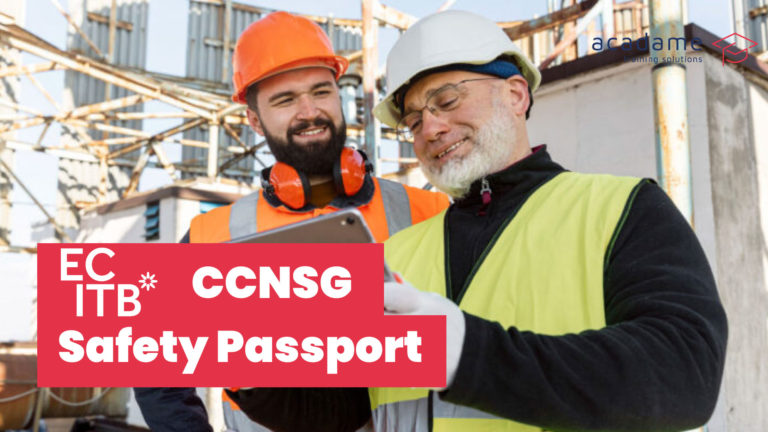 Two workers in PPE reviewing a tablet on an industrial site for ECITB CCNSG Safety Passport training