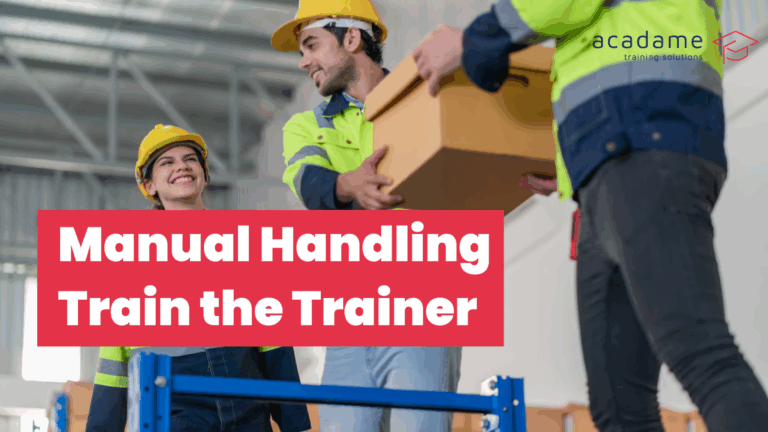 Manual handling train the trainer course with workers passing a box in a warehouse