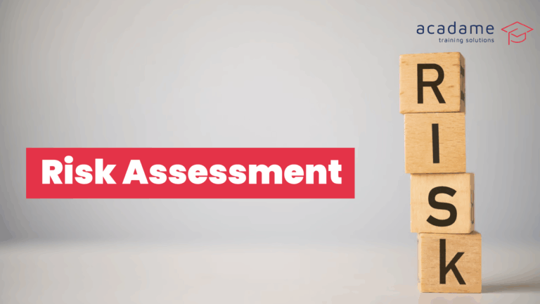 Wooden blocks stacked vertically to spell RISK beside the words Risk Assessment on an Acadame training graphic