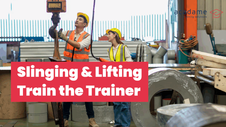 Two workers in hi-vis clothing and hard hats carrying out a practical lifting operation for Slinging and Lifting Train the Trainer course