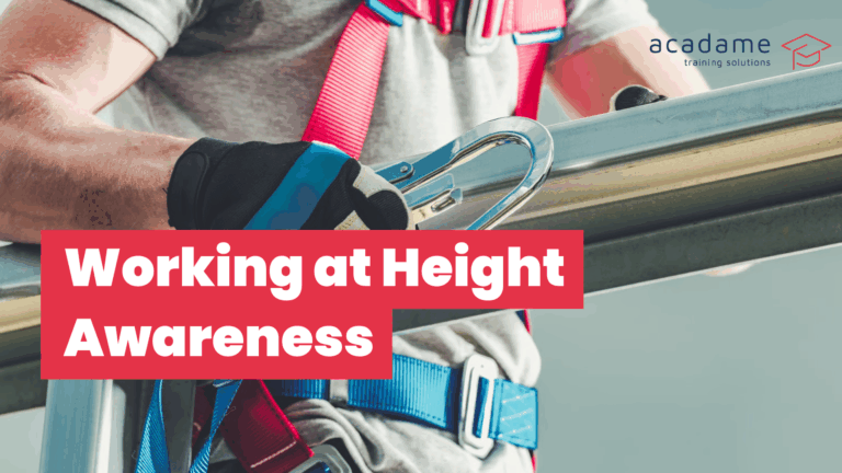 Worker wearing a safety harness using access equipment for working at height awareness training