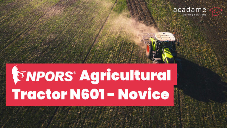 NPORS agricultural tractor training course image showing a tractor working across farmland during field operations