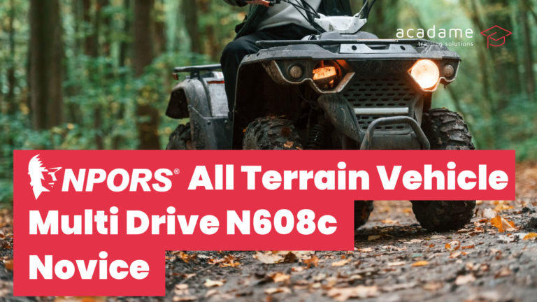 NPORS all terrain vehicle training course image showing a quad bike being ridden on a woodland trail