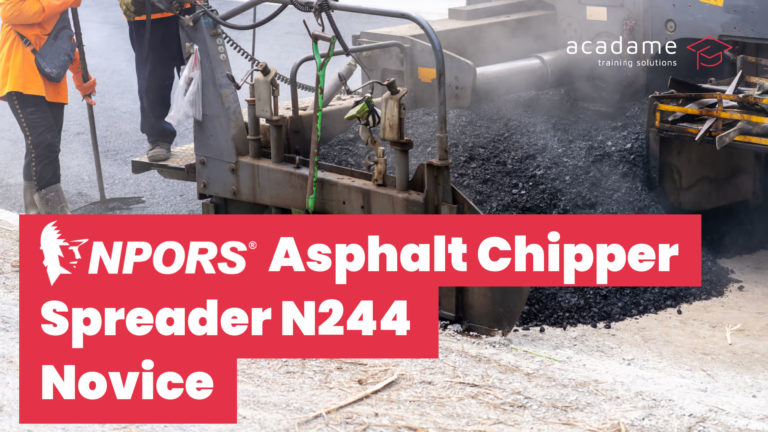 NPORS asphalt chipper spreader training course image showing road surfacing equipment laying hot asphalt during resurfacing work