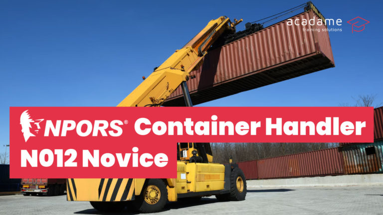 NPORS container handler training course image showing a reach stacker lifting a shipping container in a container yard