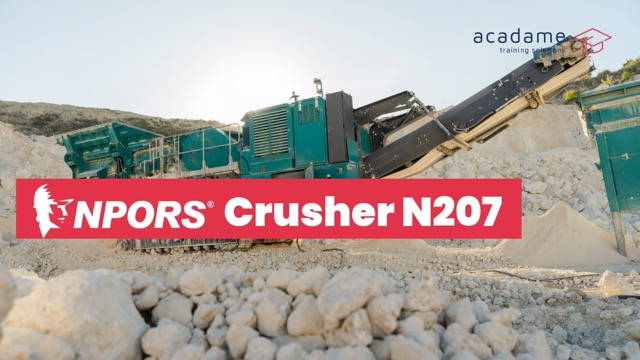 NPORS crusher training course image showing a mobile crusher operating in a quarry environment with processed stone in the foreground