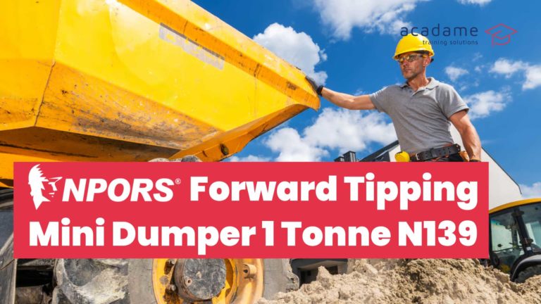 NPORS forward tipping mini dumper training course image showing a compact dumper being checked on a construction site