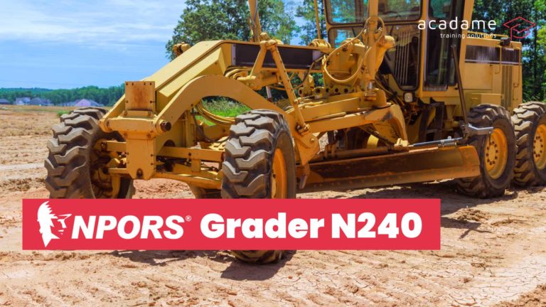 NPORS grader training course image showing a motor grader carrying out ground levelling work on site