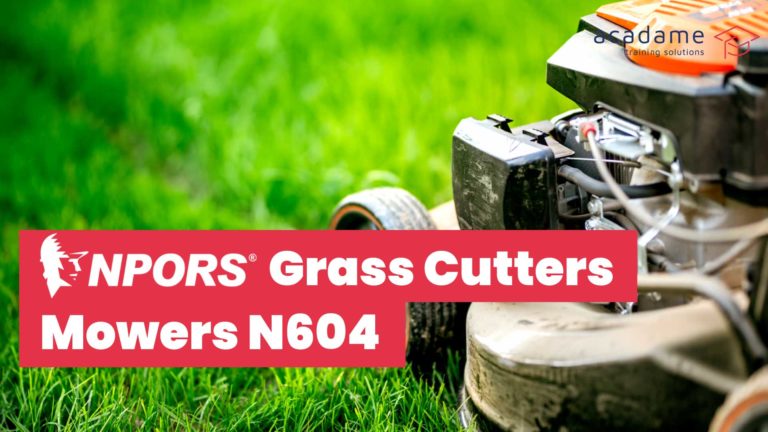 NPORS grass cutters and mowers training course image showing a lawn mower cutting grass in a grounds maintenance setting